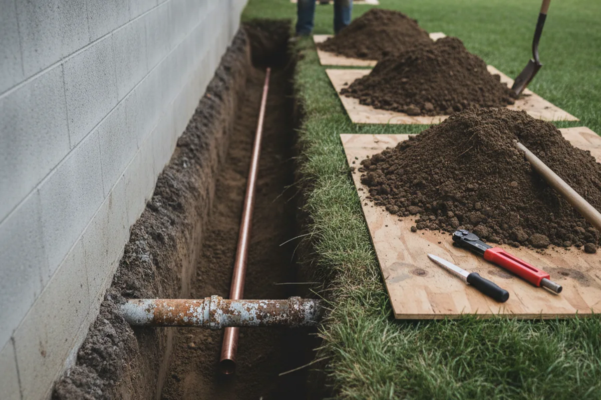 Excavated water line trench during Sewer Line Repair in Dalzell